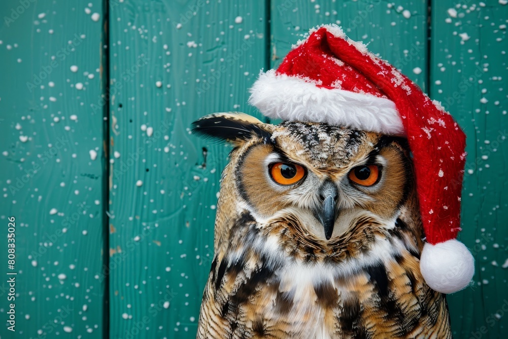 Christmas owl in santa hat on festive background for ads and postcards with text space Christmas owl in santa hat on festive background for ads and postcards with text space