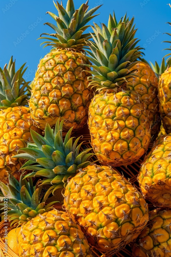Fresh pineapples in baskets beachside fruit stand warehouse with blue sky tropical vacation vibes Fresh pineapples in baskets beachside fruit stand warehouse with blue sky tropical vacation vibes
