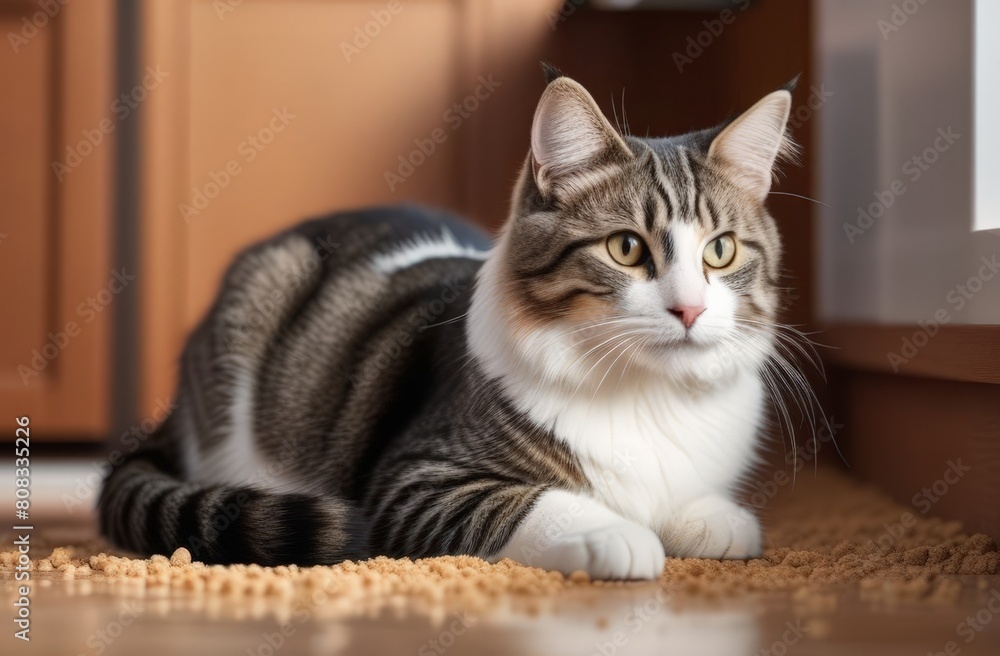 The cat scattered cat litter on the floor and sits, cat litter The cat scattered cat litter on the floor and sits, cat litter