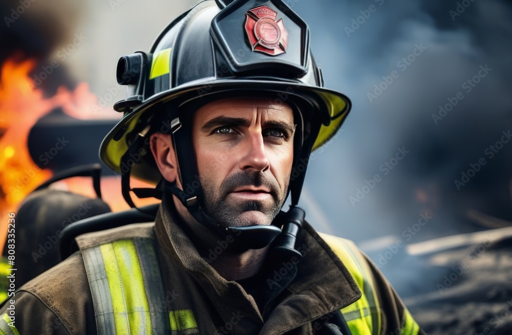 Male firefighter against the background of a fire, close-up portrait Male firefighter against the background of a fire, close-up portrait