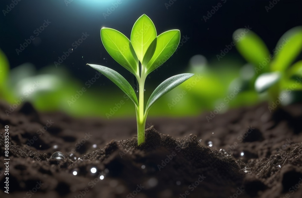 Green sprout sprouts from the ground in backlight with water drops, ecology concept Green sprout sprouts from the ground in backlight with water drops, ecology concept
