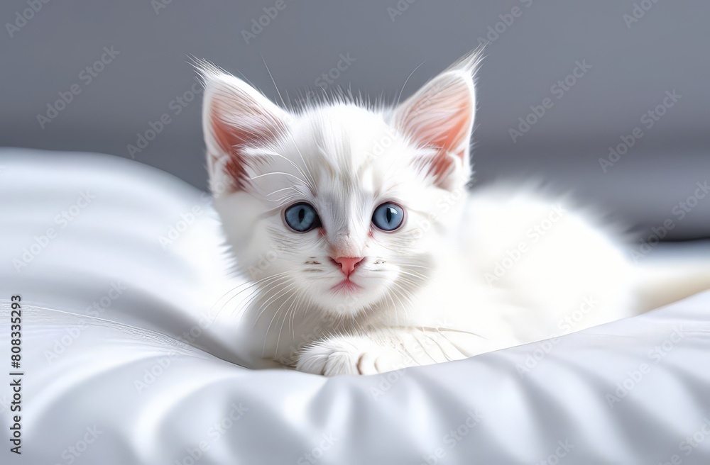 Beautiful white kitten lies on a white sheet