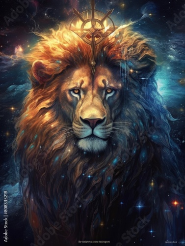 Zodiac leo symbols, astrology, alchemy, magic, sorcery and fortune telling. Digital painting. Zodiac sign lion on the starry sky close up