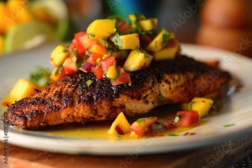 Blackened Snapper with Vibrant Mango Salsa: A Mouthwatering and Colorful Delight in Food Photography photo