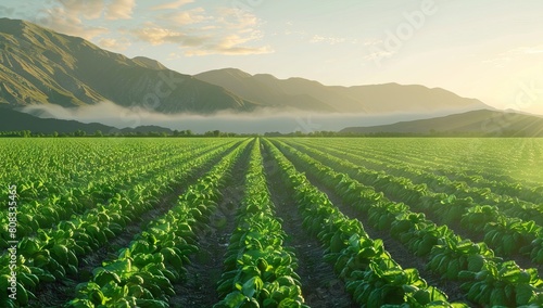 Young potatoes growing in the field are connected to drip irrigation. Agriculture landscape. Rural plantations. Farmland Farming. Selective focus. AI generated illustration photo