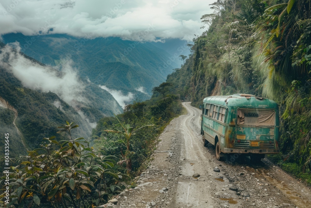 Adventure: Death Road Tour Bus Travelling through Beautiful Forest in Dangerous Adventure: Death Road Tour Bus Travelling through Beautiful Forest in Dangerous