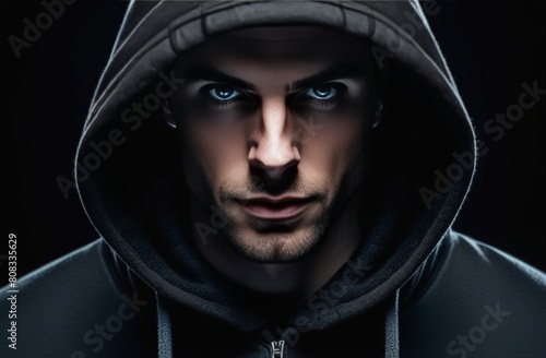 Portrait of a male criminal in a hood, dark background, remote fraud