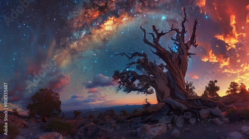 Bristlecone Pine under Majestic Milky Way Sky: Captivating Nature Landscape of Nighttime Sunset, © Serhii