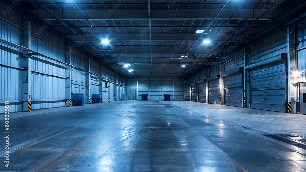 Nighttime View Inside an Industrial Building with Roller Door, Concrete Floor, and Lighting. Concept Industrial Building, Roller Door, Concrete Floor, Lighting, Nighttime View