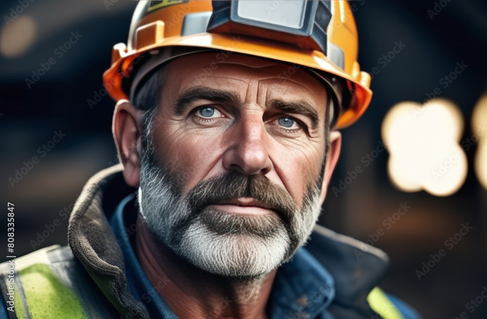 An elderly male worker miner in a uniform and helmet, portrait against the background of a mine An elderly male worker miner in a uniform and helmet, portrait against the background of a mine