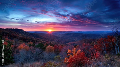 Amazing Sunset over the Mountains: Beautiful Blue Skies, Clouds, and Autumn © Serhii