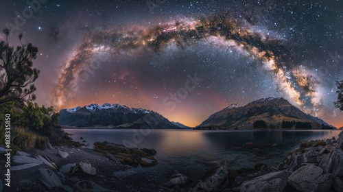 Aurora Australis and Milky Way over Lake Wakatipu: Stunning Astrophotography of Dark Night Sky, photo