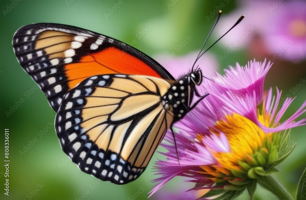 Butterfly collects nectar from a flower, macro photo Butterfly collects nectar from a flower, macro photo