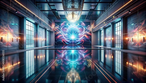futuristic corridor reflective floors with glow of abstract energy orb cosmic scenes peek through large windows photo