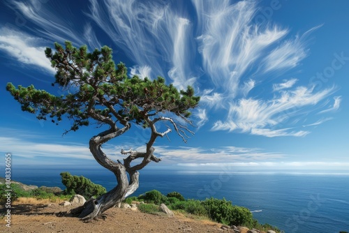 Bending with the Ocean: Torrey Pine Tree in Pacific Nature, with Blue Skies and photo