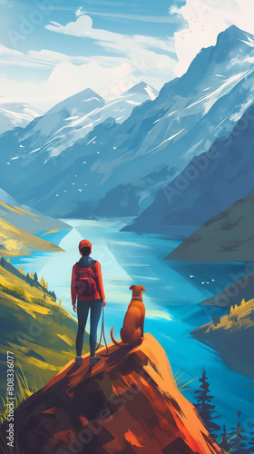 Woman and her dog are standing on a mountain top overlooking mountain lake