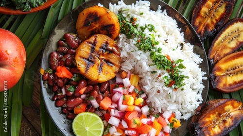 Authentic Costa Rican Casado meal with rice, beans, and plantains - a traditional dish for married photo