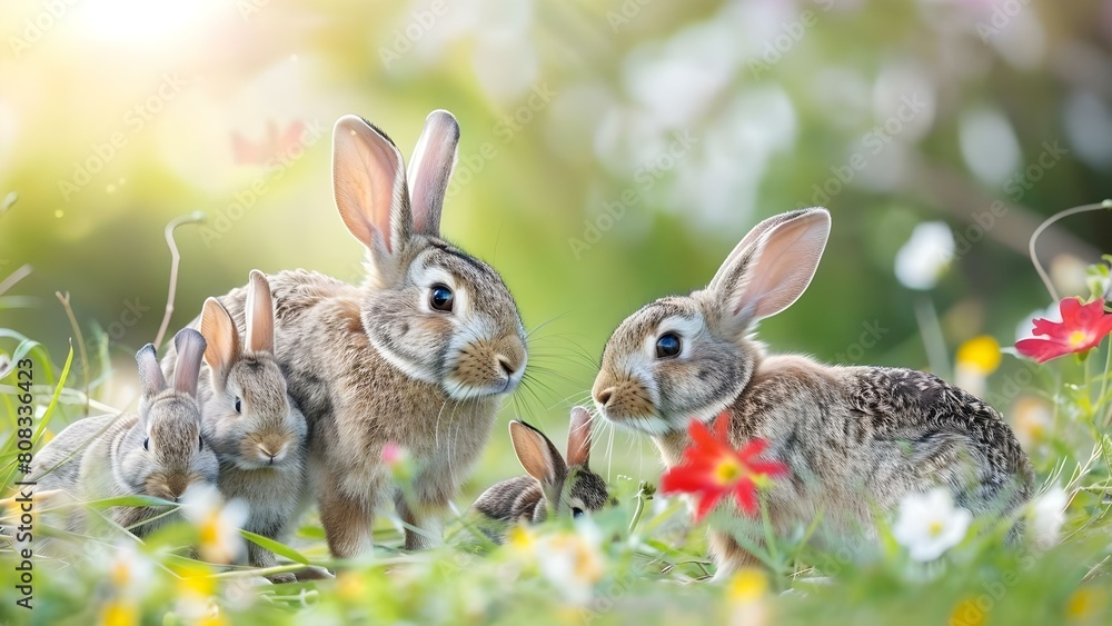 A springtime scene: a rabbit family posing for a group photo amid blooming flowers. Concept Springtime Photoshoot, Rabbit Family, Blooming Flowers, Group Portrait, Outdoor Setting A springtime scene: a rabbit family posing for a group photo amid blooming flowers. Concept Springtime Photoshoot, Rabbit Family, Blooming Flowers, Group Portrait, Outdoor Setting