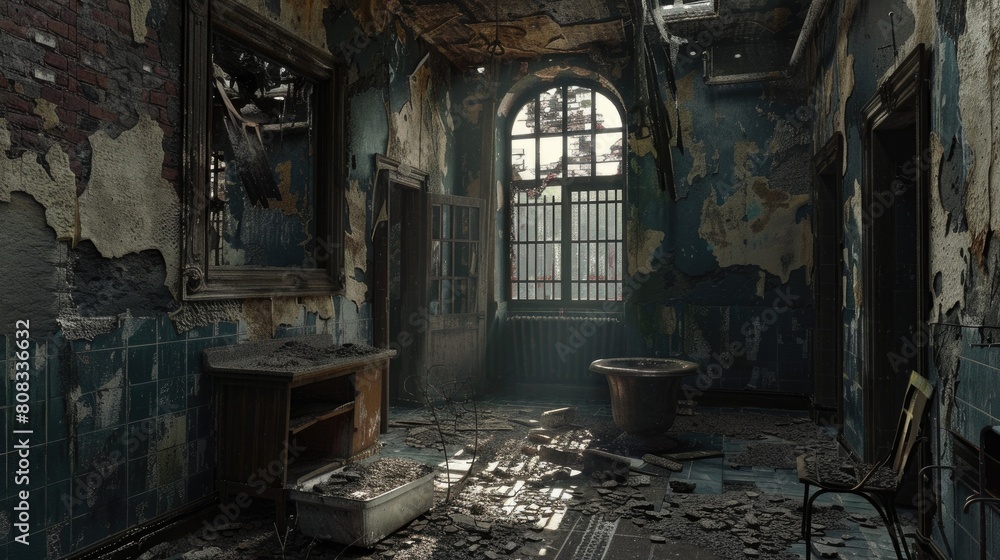 Interior inside abandoned mental asylum.
Interior inside abandoned mental asylum.