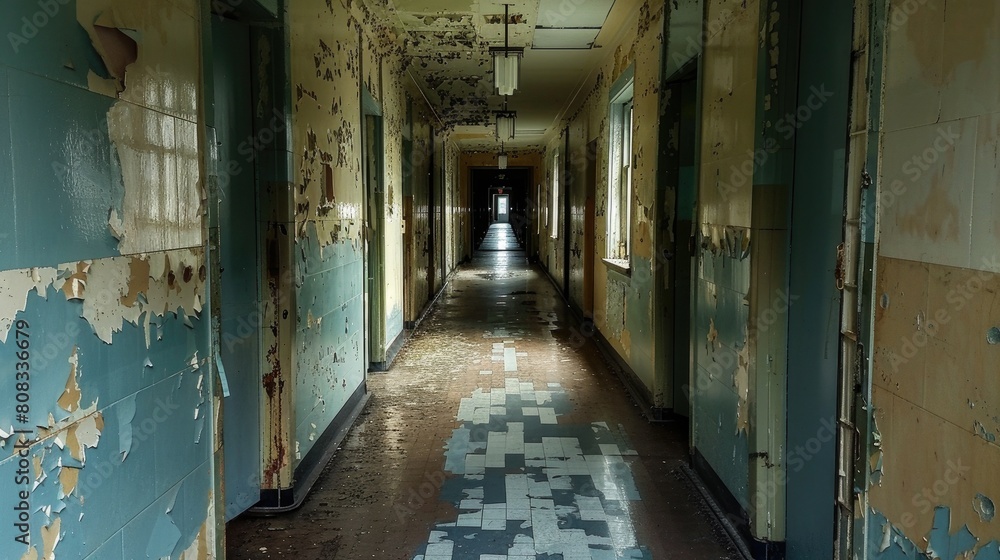 Interior inside abandoned mental asylum.

