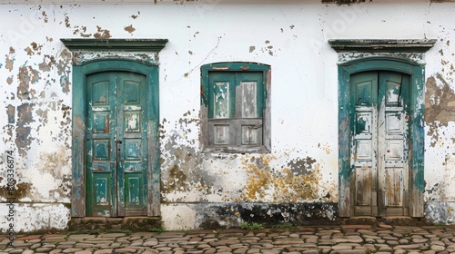 House facade in weather-damaged colonial architecture on cobblestone street in the historic city of Paraty in the state of Rio de Janeiro  Brazil  Brasil.  