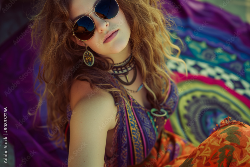 AI Generated Image. Groovy styled woman sitting on a colorful plaid AI Generated Image. Groovy styled woman sitting on a colorful plaid