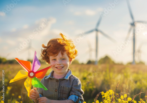 AI Generated Image. Cute redhead boy with colorful pinwheel in front of the wind turbines in summer meadow