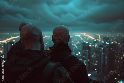 AI Image. Group of the bald people looking to the dramatic sky over the city