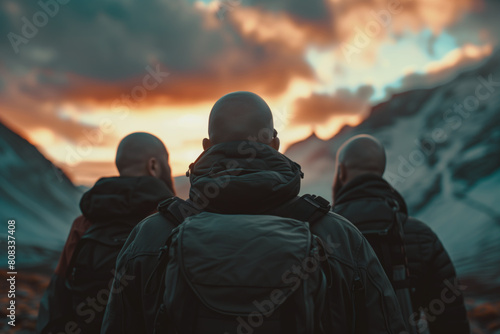AI Image. Group of the bald people looking to the dramatic sky in mountain area photo