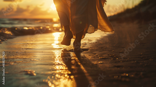 AI Image. Low section of the barefoot Jesus Christ having beach walk at sunset