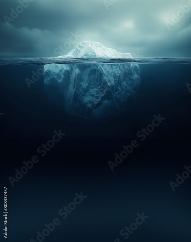 AI Image. Underwater view on the majestic dangerous melting iceberg in a dark sea