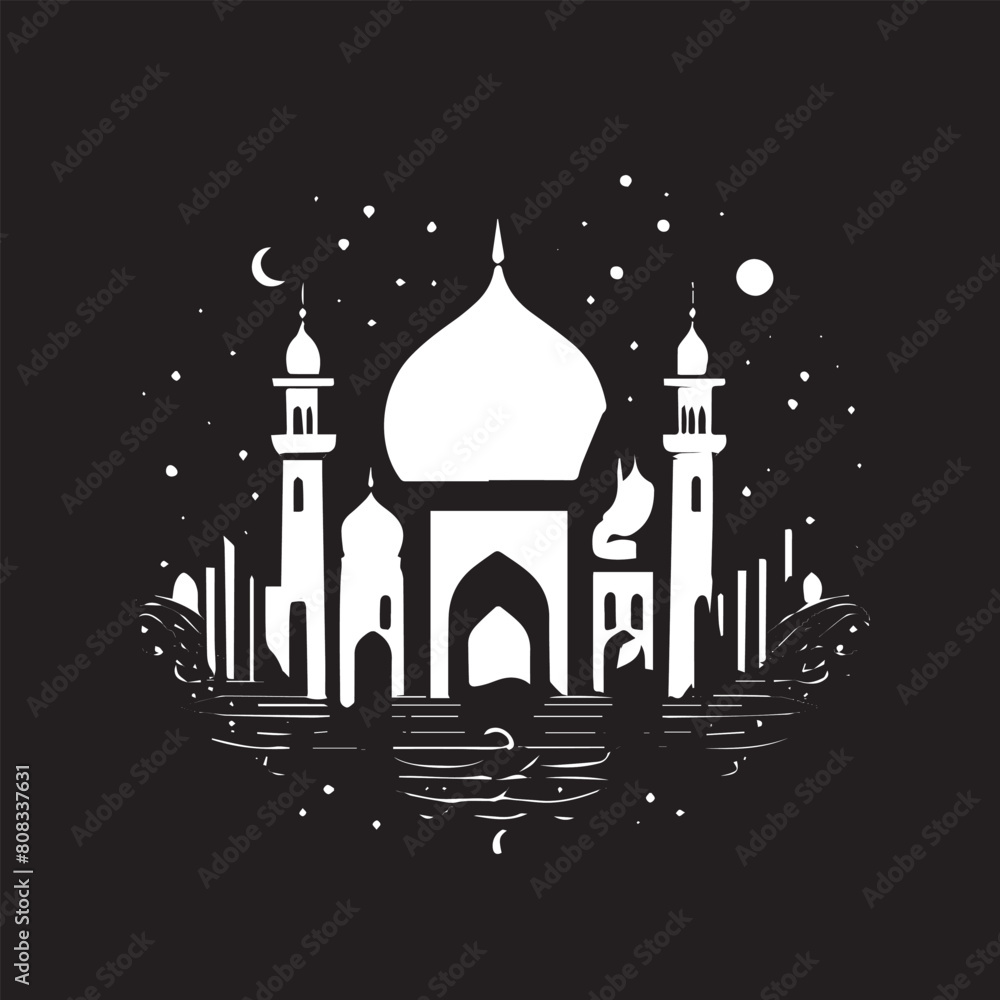 Monochrome Eid text vector abstracts, lantern, crescent, stars, Eid Mubarak text