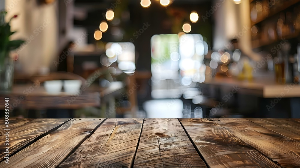 Cafe background with blurred effect and wooden table perfect for showcasing products or creating montages. Concept Cafe Interior, Blurred Background, Wooden Table, Product Showcase, Montage Creation