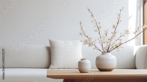 Vase with blossom twig on wooden coffee table near white sofa with pillows against window. Minimalist scandinavian home interior design of modern living room.