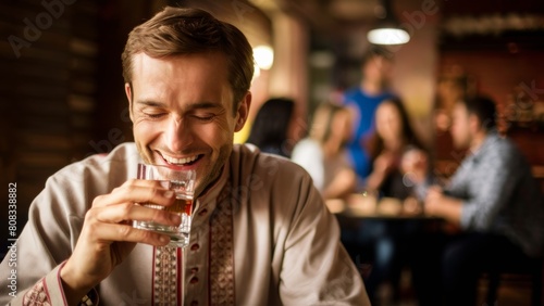 A Russian man smiling while holding a glass of vodka in front of him, AI