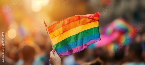 hand holding a rainbow flag in the crowd