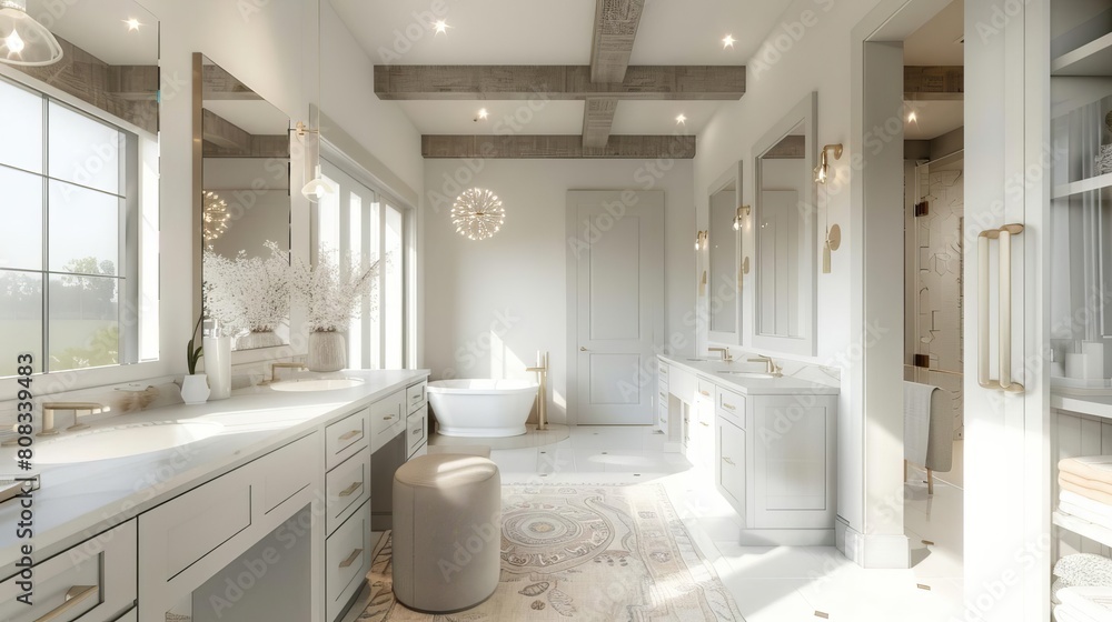 Modern farmhouse bathroom exposed beams, sleek finishes, neutral tones Isolated white background featuring a makeup vanity