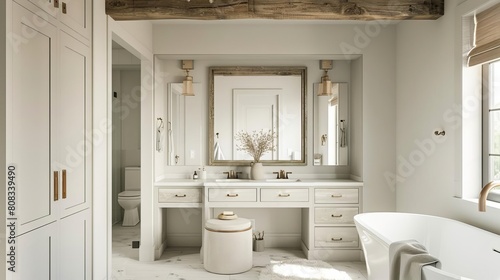 Modern farmhouse bathroom exposed beams  sleek finishes  neutral tones Isolated white background featuring a makeup vanity