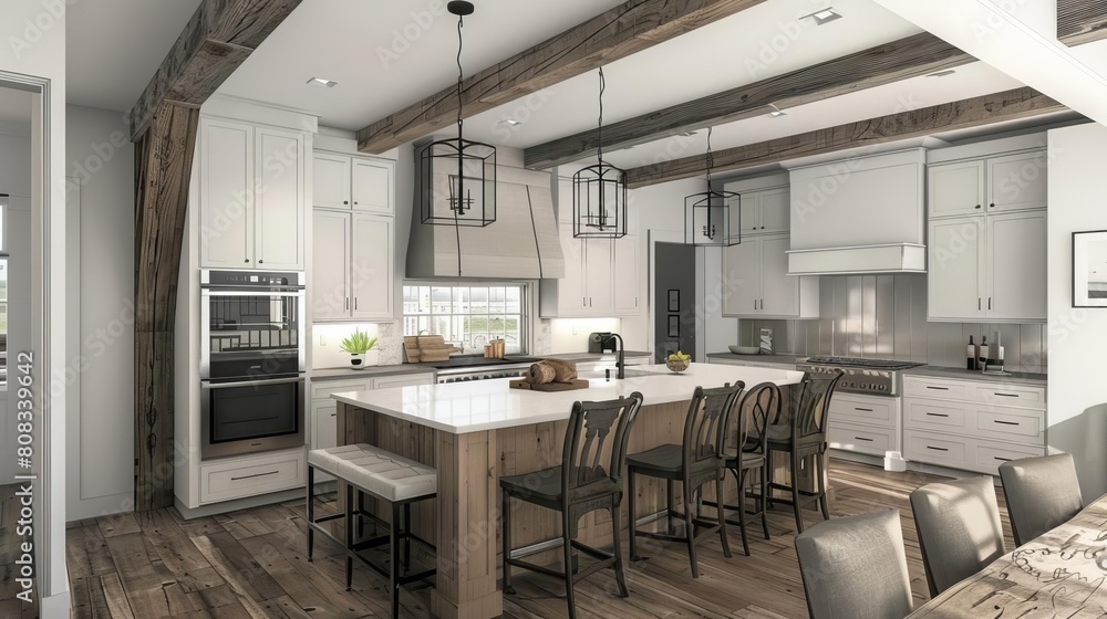 Modern farmhouse kitchen neutral tones, rustic wood beams, contemporary finishes White background highlighting a kitchen island Modern farmhouse kitchen neutral tones, rustic wood beams, contemporary finishes White background highlighting a kitchen island