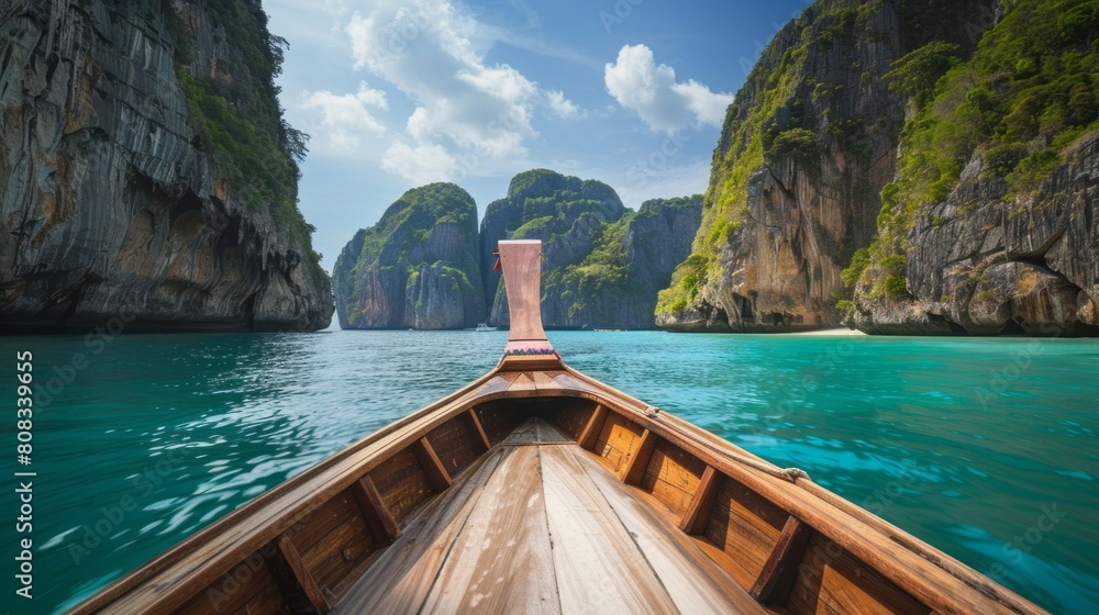 A traditional wooden longtail boat sailing through the tranquil waters of the Phi Phi Islands,Thailand