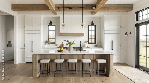 Modern farmhouse kitchen neutral tones, rustic wood beams, contemporary finishes White background highlighting a kitchen island