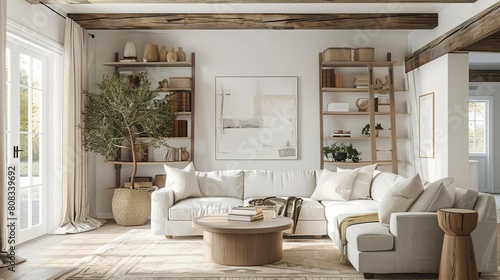 Modern farmhouse living room cozy textiles  sleek finishes  exposed beams White background highlighting a ladderstyle bookshelf