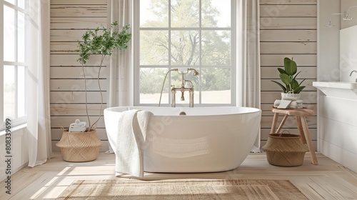 Bathroom in modern farmhouse style sleek finishes  exposed wood  and neutral tones White background showcasing a freestanding tub