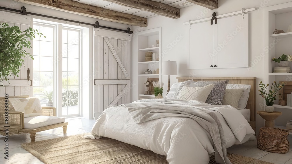 Bedroom with modern farmhouse style cozy textiles, exposed wood beams, modern finishes Isolated white background with a sliding barn door Bedroom with modern farmhouse style cozy textiles, exposed wood beams, modern finishes Isolated white background with a sliding barn door