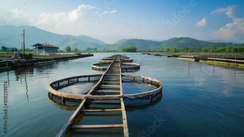 A body of water with a wooden bridge in the middle