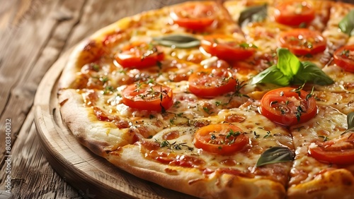 Delicious Cheese Pizza Topped with Tomatoes and Herbs on a Wooden Table. Concept Cheese Pizza, Tomatoes, Herbs, Wooden Table, Food Photography