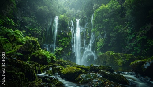 Cinematic photo of a waterfall in a rainforest  with mossy rocks and ferns 