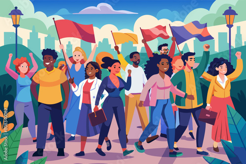 A colorful illustration of a diverse group of people marching in a park with flags  expressing enthusiasm and solidarity.