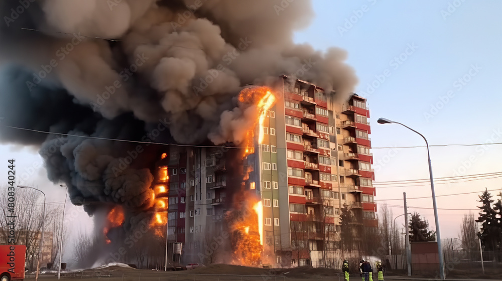 Dramatic Urban Blaze: Massive Fire Engulfs High-Rise Building, Massive Smoke Plumes Obscure Sky