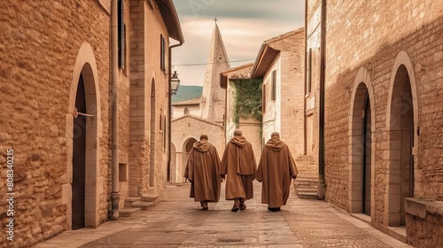 Three Franciscan Monks Walking Down a Cobblestone Street in a Historic Town During Sunset